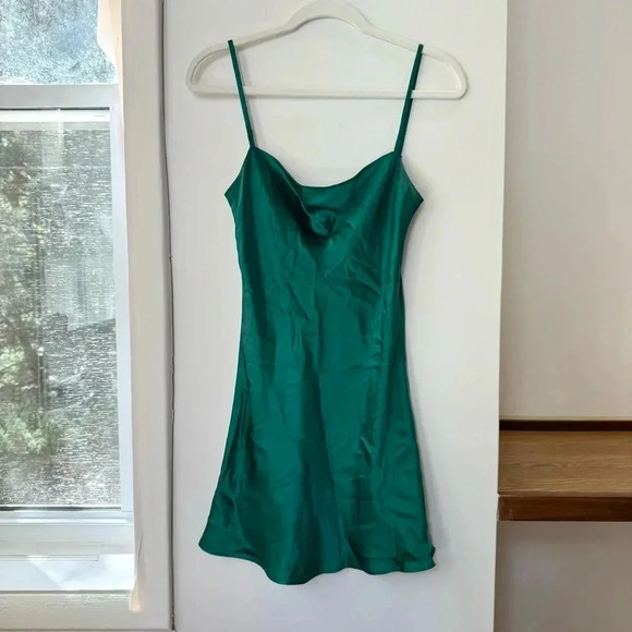 Reformation Silk Mini Dress Cowl Neck Slip Party Cocktail Satin in Green Small - Picture 1 of 6